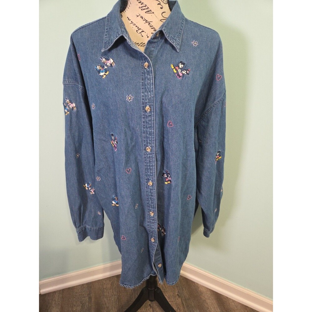 Denim Button-Up Shirt with Embroidered Character Motifs - Blue
